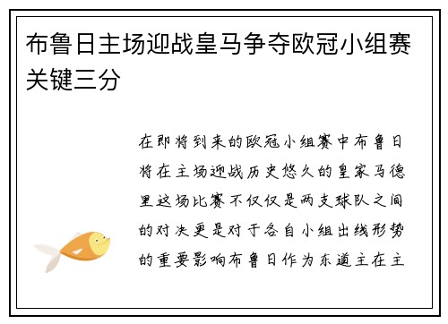 布鲁日主场迎战皇马争夺欧冠小组赛关键三分